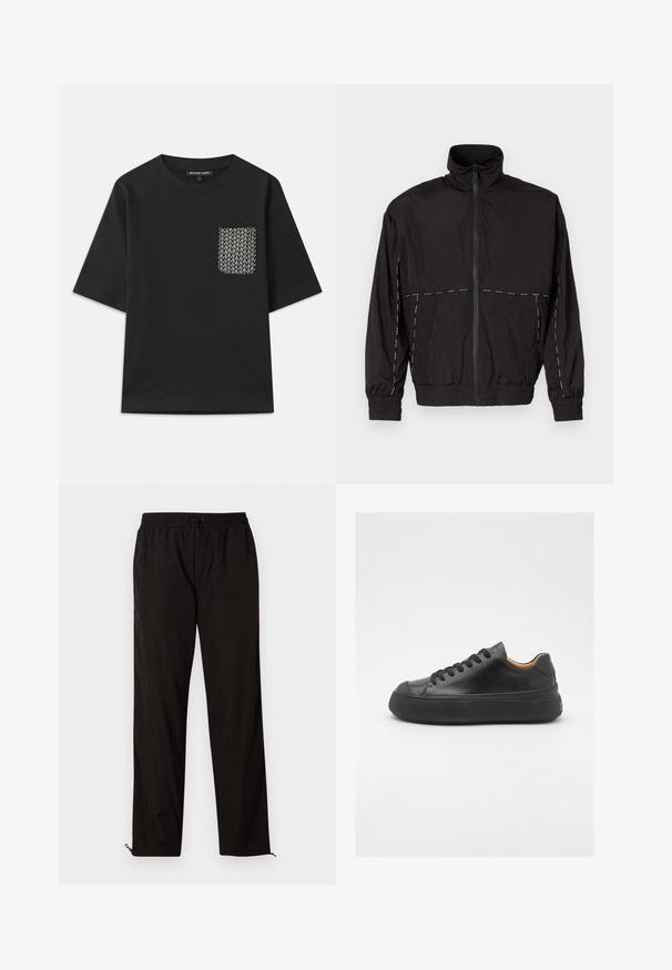 Chaqueta ligera negra con cuello alto y cierre de cremallera. Presenta detalles de costura blanca en los hombros y las mangas. Puños elásticos.; Camiseta de algodón negra con cuello redondo y mangas cortas. Presenta un bolsillo decorado en el lado izquierdo con diseños geométricos blancos.; Pantalones ligeros negros con cintura elástica, cierre de cordón y bajos con cremallera para un ajuste ajustable. Textura suave y elegante.; Zapatilla de cuero negra con puntera redonda, cordones en la parte frontal, textura suave, suela de goma gruesa y un interior marrón claro que contrasta.