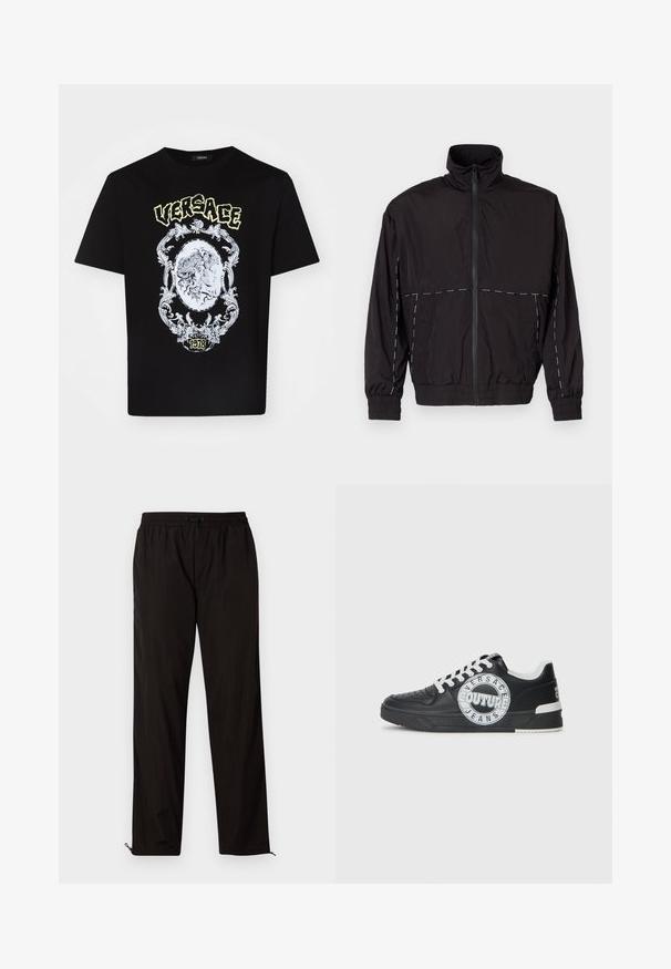 Black lightweight jacket with a high collar and zip closure. Features white stitching accents on the shoulders and sleeves. Elastic cuffs.; Black cotton T-shirt featuring a detailed white graphic design with a central medallion and the text "VERSACE" above, and "1978" below.; Black lightweight trousers with an elastic waistband, drawstring closure, and zippered hems for adjustable fit. Smooth, sleek texture.; Black leather sneakers with white accents, round logo detailing, perforated toe, and contrasting sole. Features white laces and branding.