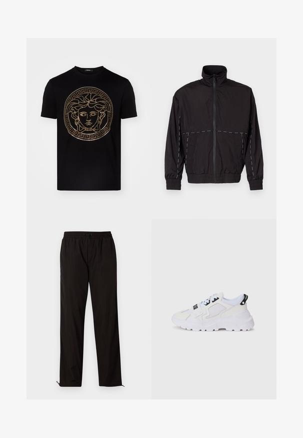 Casaco leve preto com gola alta e fecho de correr. Apresenta detalhes em costura branca nos ombros e mangas. Punhos elásticos.; T-shirt de algodão preto com um design de Medusa cravejado de dourado e uma borda em padrão grego. Corte reto com mangas curtas.; Calças leves pretas com cintura elástica, fecho por cordão ajustável e bainhas com fecho de correr para ajuste. Textura suave e elegante.; Ténis desportivos brancos com parte superior em rede, sola grossa e detalhes pretos com marca impressa. Design texturizado e estruturado.