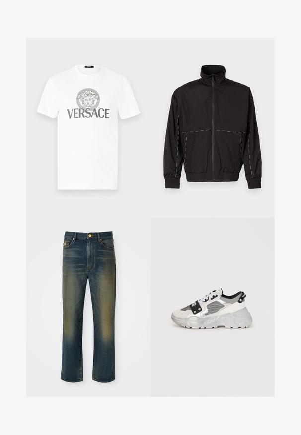 Black lightweight jacket with a high collar and zip closure. Features white stitching accents on the shoulders and sleeves. Elastic cuffs.; White cotton t-shirt with a round neck, featuring a grey Greek key motif and a central printed Medusa emblem with "VERSACE" text underneath.; Blue denim jeans with a straight, wide leg design. Features faded areas and a button closure. Includes front pockets and logo detail.; Chunky sneakers with a white and silver design. Features mesh panels, black accents, and white laces. Textured sole with a raised pattern.