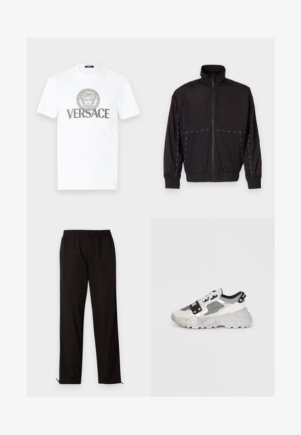Juodas lengvas švarkas su aukštu apykakle ir užtrauktuku. Savybėje yra balti siuvinėjimo akcentai ant pečių ir rankovių. Elastingi rankogaliai.; Balta medvilninė marškinėliai su apvaliu kaklu, puošti pilku graiku raktu ir centru spaustu Medūzos emblemą su tekstu "VERSACE" po ja.; Juodos lengvos kelnės su elastingu juosmeniu, raišteliu ir užtrauktukais apačioje, kad būtų galima pritaikyti dydį. Lygus, glotnus paviršius.; Stambūs sportbačiai su balta ir sidabrine spalvų palete. Yra tinkliniai intarpai, juodi akcentai ir balti raišteliai. Grubus padas su iškilniu raštu.
