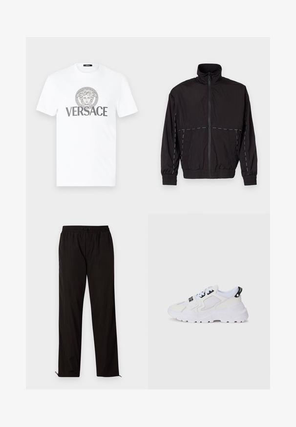 Black lightweight jacket with a high collar and zip closure. Features white stitching accents on the shoulders and sleeves. Elastic cuffs.; White cotton t-shirt with a round neck, featuring a grey Greek key motif and a central printed Medusa emblem with "VERSACE" text underneath.; Black lightweight trousers with an elastic waistband, drawstring closure, and zippered hems for adjustable fit. Smooth, sleek texture.; White athletic sneakers featuring a mesh upper, thick sole, and black accents with printed branding. Textured and structured design.