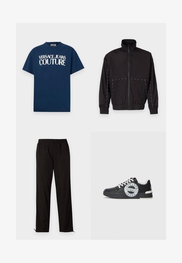 Casaco leve preto com gola alta e fecho de correr. Apresenta detalhes em costura branca nos ombros e mangas. Punhos elásticos.; Versace Jeans Couture T-shirt estampada - blu; Calças leves pretas com cintura elástica, fecho por cordão ajustável e bainhas com fecho de correr para ajuste. Textura suave e elegante.; Tenis de couro preto com detalhes em branco, logótipo redondo, ponta perfurada e sola de contraste. Apresenta atacadores brancos e marca.