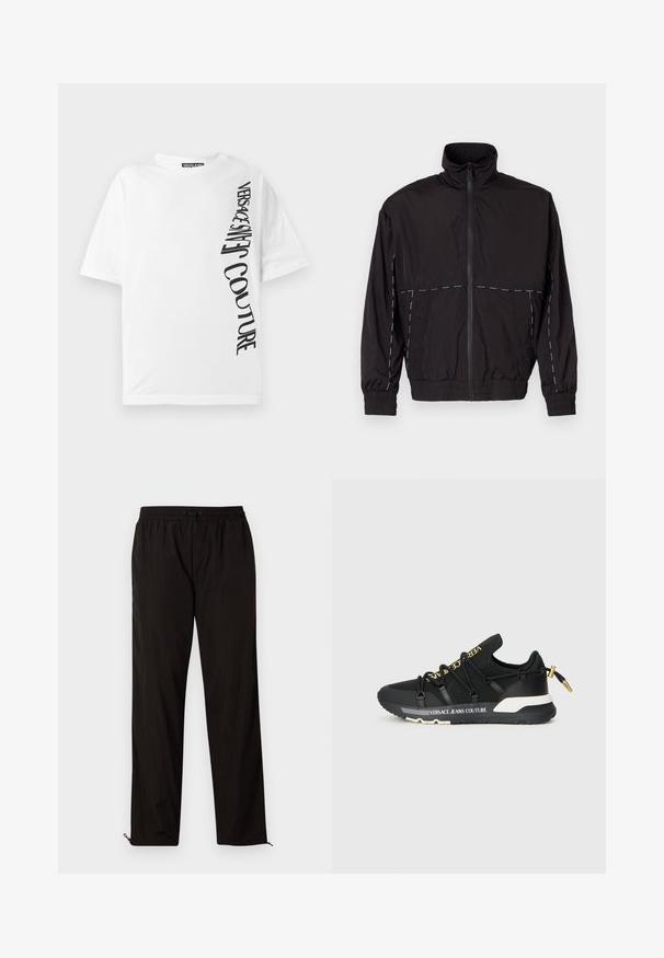 Μαύρο ελαφρύ μπουφάν με ψηλό γιακά και κλείσιμο με φερμουάρ. Διαθέτει λευκές ραφές στις ώμους και τα μανίκια. Ελαστικές μανσέτες.; Λευκό μπλουζάκι με oversized στυλ φτιαγμένο από βαμβάκι, με μαύρο κάθετο κείμενο που γράφει "VERSACE JEANS COUTURE" κατά μήκος της αριστερής πλευράς. Στρογγυλή λαιμόκοψη.; Μαύρο ελαφρύ παντελόνι με ελαστική μέση, κλείσιμο με σκοινάκι και φερμουάρ στο κάτω μέρος για ρυθμιζόμενη εφαρμογή. Λείος και κομψός υφή.; Μαύρα αθλητικά παπούτσια με κομψό σχέδιο, που διαθέτουν χρυσό λογότυπο, ελαστικά κορδόνια και υφή σόλας με λευκές λεπτομέρειες.