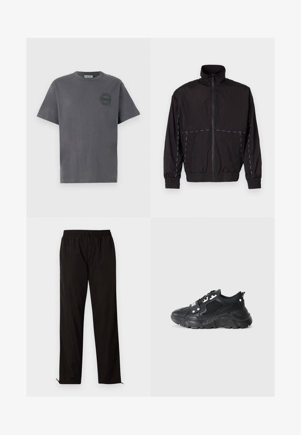 Casaco leve preto com gola alta e fecho de correr. Apresenta detalhes em costura branca nos ombros e mangas. Punhos elásticos.; T-shirt de mangas curtas cinza-escuro com decote redondo e pequeno logótipo circular da Versace Jeans Couture no lado esquerdo do peito.; Calças leves pretas com cintura elástica, fecho por cordão ajustável e bainhas com fecho de correr para ajuste. Textura suave e elegante.; Sapatilha atlética preta com um painel de malha texturizada, sola de borracha espessa, detalhes em contraste e fecho de atacadores. Apresenta uma alça na parte traseira.