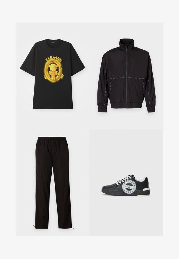 Black lightweight jacket with a high collar and zip closure. Features white stitching accents on the shoulders and sleeves. Elastic cuffs.; Black short-sleeve t-shirt with yellow ornate oval frame, Medusa head sculpture, and "VERSACE" text on front.; Black lightweight trousers with an elastic waistband, drawstring closure, and zippered hems for adjustable fit. Smooth, sleek texture.; Black leather sneakers with white accents, round logo detailing, perforated toe, and contrasting sole. Features white laces and branding.