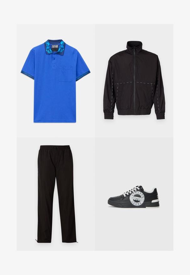 Casaco leve preto com gola alta e fecho de correr. Apresenta detalhes em costura branca nos ombros e mangas. Punhos elásticos.; Polo de manga curta azul com bolso frontal, gola azul-escura com padrão floral e texto "Versace Jeans Couture" nas bordas das mangas.; Calças leves pretas com cintura elástica, fecho por cordão ajustável e bainhas com fecho de correr para ajuste. Textura suave e elegante.; Tenis de couro preto com detalhes em branco, logótipo redondo, ponta perfurada e sola de contraste. Apresenta atacadores brancos e marca.