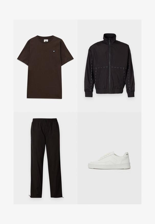 Crna lagana jakna s visokim ovratnikom i zatvaranjem na zip. Ima bijele šavove na ramenima i rukavima. Elastični manžeti.; Tamno smeđa majica kratkih rukava s okruglim izrezom i malim crno-bijelim logom na gornjem lijevom dijelu prsnog područja.; Crne lagane hlače s elastičnim pojasom, zatvaranjem na vezicu i patentnim zatvaračima na rubovima za podesiv fit. Glatka, elegantna tekstura.; Bijele kožne tenisice s glatkom površinom, okruglim vrhom, ravnim vezicama i teksturiranom potplatom. Imaju suptilan logo na peti.