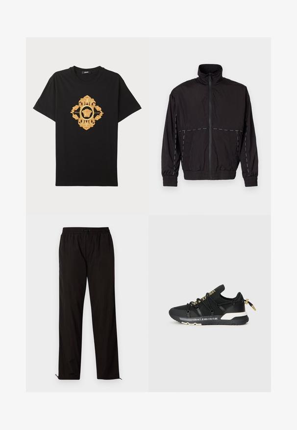 Black lightweight jacket with a high collar and zip closure. Features white stitching accents on the shoulders and sleeves. Elastic cuffs.; Black cotton t-shirt featuring an ornate gold embroidered design with a central Medusa emblem and intricate accents. Short sleeves, crew neck.; Black lightweight trousers with an elastic waistband, drawstring closure, and zippered hems for adjustable fit. Smooth, sleek texture.; Black athletic sneakers with a sleek design, featuring gold branding, elastic laces, and a textured sole with white accents.