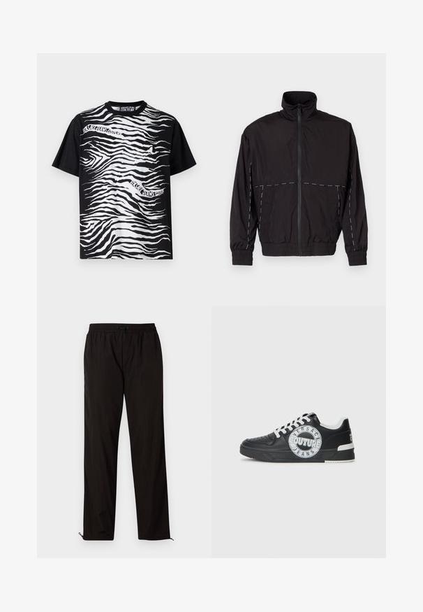 Zwarte lichtgewicht jas met hoge kraag en ritssluiting. Heeft witte stiksels op de schouders en mouwen. Elastische manchetten.; Zwarte t-shirt met een wit zebra-strikpatroon, korte mouwen en logo-tekst in het wit. Gemaakt van katoen, relaxed pasvorm.; Zwarte lichtgewicht broeken met een elastische tailleband, treksluiting en met rits afsluitbare zoom voor een aanpasbare pasvorm. Glad, strak textuur.; Zwarte leren sneakers met witte accenten, ronde logodetailing, geperforeerde neus en contrasterende zool. Voorzien van witte veters en merknaam.