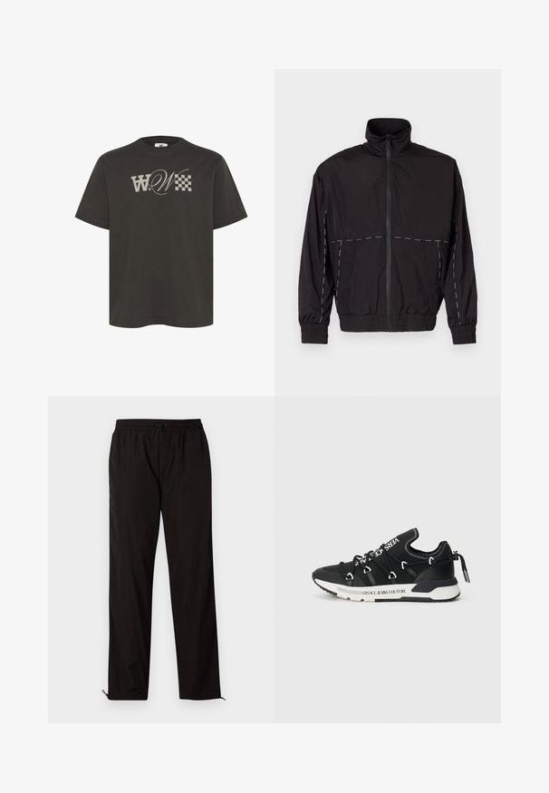 Crna lagana jakna s visokim ovratnikom i zatvaranjem na zip. Ima bijele šavove na ramenima i rukavima. Elastični manžeti.; Tamno siva pamučna majica s velikim stiliziranim logotipom "W" i kariranim uzorkom sprijeda. Kratki rukavi i dizajn s okruglim izrezom.; Crne lagane hlače s elastičnim pojasom, zatvaranjem na vezicu i patentnim zatvaračima na rubovima za podesiv fit. Glatka, elegantna tekstura.; Crne tenisice s teksturiranom površinom, s bijelim vezicama i brendingom. Debeli potplat s kontrastnim naglascima i trakica za povlačenje na peti.