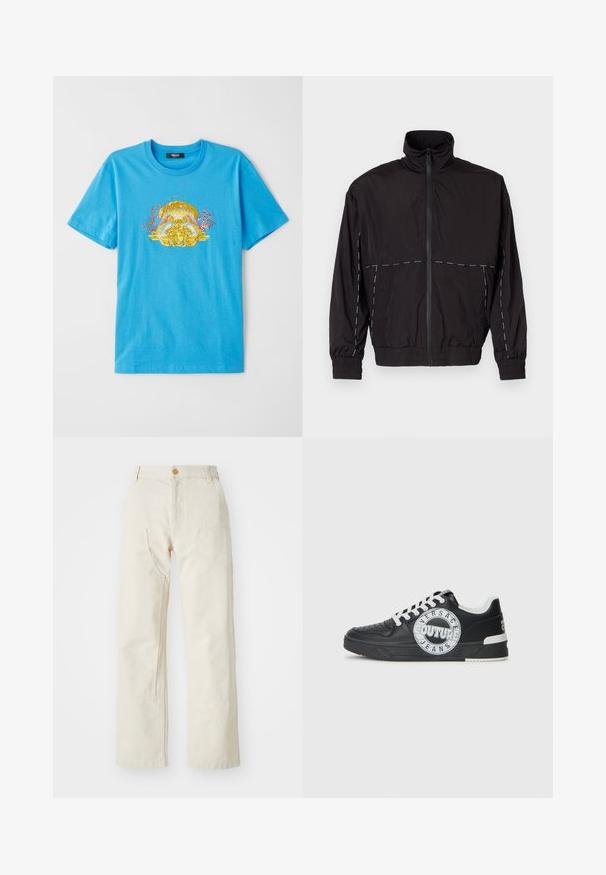 Juodas lengvas švarkas su aukštu apykakle ir užtrauktuku. Savybėje yra balti siuvinėjimo akcentai ant pečių ir rankovių. Elastingi rankogaliai.; Mėlynas medvilninis marškinėliai su auksiniu ir koralinio spalvos grafiniu dizainu, turinčiu klasikinį motyvą centre. Trumpomis rankovėmis ir apvaliu kaklu.; Šviesiai rudi platėjančių kojų džinsai, pagaminti iš medvilnės, su sagų uždarymu, dviem šoninėmis kišenėmis ir tiesia forma, turintys glotnią tekstūrą.; Juodo odinio sportinio avalynė su baltais akcentais, apvaliu logotipo detalizavimu, perforuota priekiu ir kontrastingu padu. Savybės: balti raišteliai ir prekės ženklas.