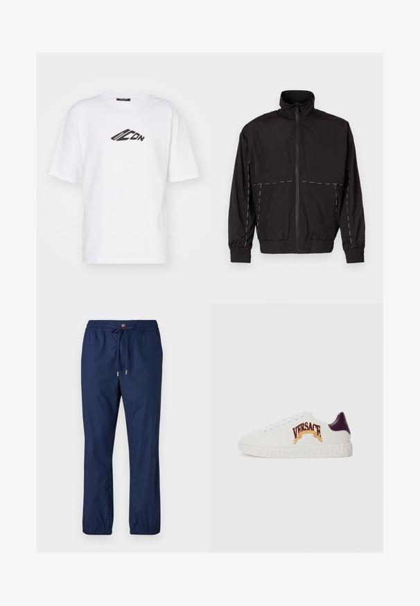 Chaqueta ligera negra con cuello alto y cierre de cremallera. Presenta detalles de costura blanca en los hombros y las mangas. Puños elásticos.; Camiseta de algodón blanca con un logotipo gráfico negro en el pecho. Manga corta, cuello redondo y un corte relajado.; Pantalones livianos azul marino con cintura elástica, cordón y dobladillos ajustados. Fabricados con un material suave, con un diseño simple.; Zapatillas blancas de Versace con un talón morado, que presentan un logo dorado y un patrón decorativo de clave griega en la suela. Material suave, punta redonda.