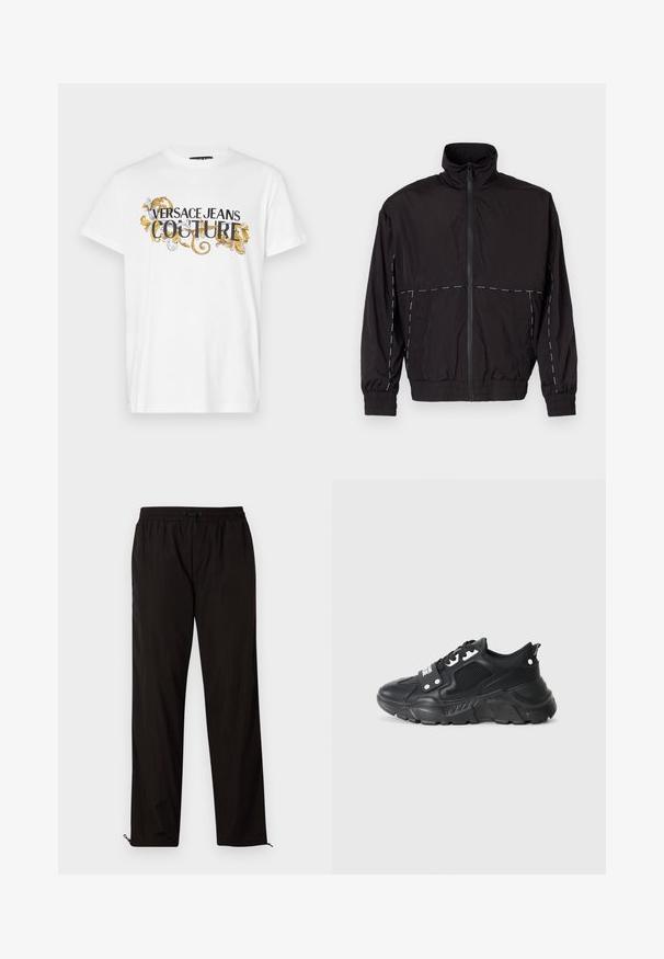 Casaco leve preto com gola alta e fecho de correr. Apresenta detalhes em costura branca nos ombros e mangas. Punhos elásticos.; T-shirt de algodão branco com texto gráfico em preto e dourado "VERSACE JEANS COUTURE" com realces florais decorativos. Mangas curtas e decote redondo.; Calças leves pretas com cintura elástica, fecho por cordão ajustável e bainhas com fecho de correr para ajuste. Textura suave e elegante.; Sapatilha atlética preta com um painel de malha texturizada, sola de borracha espessa, detalhes em contraste e fecho de atacadores. Apresenta uma alça na parte traseira.
