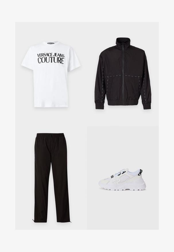 Μαύρο ελαφρύ μπουφάν με ψηλό γιακά και κλείσιμο με φερμουάρ. Διαθέτει λευκές ραφές στις ώμους και τα μανίκια. Ελαστικές μανσέτες.; Λευκό t-shirt με έντονο μαύρο κείμενο "VERSACE JEANS COUTURE." Χαμηλά μανίκια, στρογγυλή λαιμόκοψη, μαλακό βαμβακερό υλικό.; Μαύρο ελαφρύ παντελόνι με ελαστική μέση, κλείσιμο με σκοινάκι και φερμουάρ στο κάτω μέρος για ρυθμιζόμενη εφαρμογή. Λείος και κομψός υφή.; Λευκά αθλητικά παπούτσια με άνω μέρος από δίχτυ, παχιά σόλα και μαύρες λεπτομέρειες με εκτυπωμένο λογότυπο. Κείμενο με υφή και δομημένο σχέδιο.