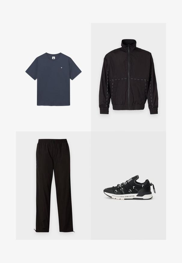 Must musta kerge jakk kõrge kaelusega ja tõmblukuga. Omab valgeid õmblusaktsente õlgadel ja varrukatel. Elastsed mansetid.; Tumed sinine T-särk, mis on valmistatud puuvillast, ümmarguse kaelusega, lühikeste varrukatega ja väikese logomärgiga vasakul rinnaosas. Sile kangatekstuur.; Mustad mustriga püksid elastse vöökoha, nööridega sulgemise ja reguleeritavate sääreotstega, millel on lukud. Sile ja läikiv tekstuur.; Mustad mustad, millel on tekstuuriga viimistlus, valgete paelte ja brändinguga. Paksa tallaga, millel on kontrastsed aktsendid ja tõmbenöör kanna peal.