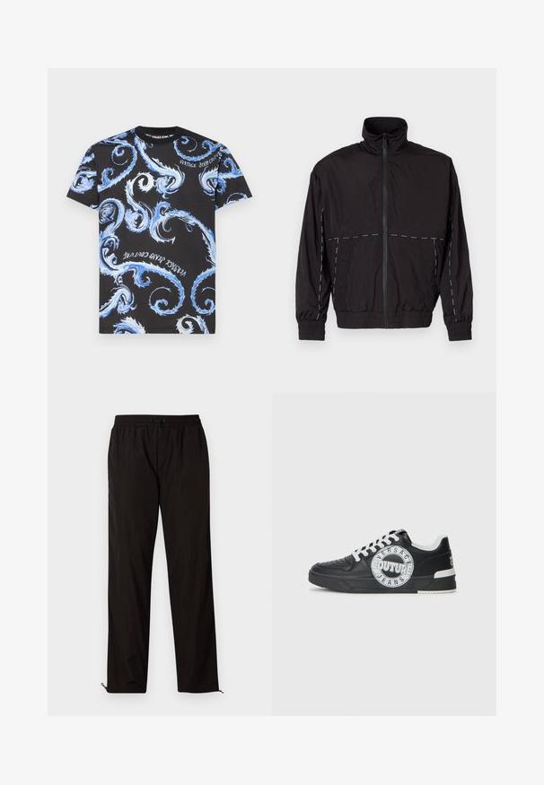 Čierna ľahká bunda s vysokým golierom a zipsom. Má biele švy na pleciach a rukávoch. Elastické manžety.; Versace Jeans Couture CHROMO - Tričko s potlačou - black/royal blue; Čierne ľahké nohavice s elastickým pásom, sťahovacím pásom a zipsami na spodnej časti, ktoré umožňujú prispôsobiť veľkosť. Hladká, lesklá textura.; Čierne kožené tenisky s bielymi akcentmi, okrúhlym logom, perforovanou špičkou a kontrastnou podrážkou. Obsahujú biele šnúrky a značkovanie.