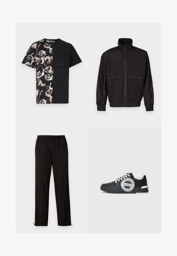 Casaco leve preto com gola alta e fecho de correr. Apresenta detalhes em costura branca nos ombros e mangas. Punhos elásticos.; T-shirt preta com um grande padrão floral em creme e dourado de um lado, com um bolso e um patch de logótipo na secção preta sólida.; Calças leves pretas com cintura elástica, fecho por cordão ajustável e bainhas com fecho de correr para ajuste. Textura suave e elegante.; Tenis de couro preto com detalhes em branco, logótipo redondo, ponta perfurada e sola de contraste. Apresenta atacadores brancos e marca.