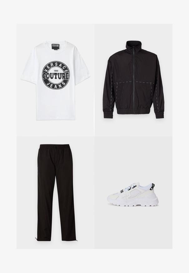 Juodas lengvas švarkas su aukštu apykakle ir užtrauktuku. Savybėje yra balti siuvinėjimo akcentai ant pečių ir rankovių. Elastingi rankogaliai.; Balta medvilnė marškinėliai su ryškiu juodu apskritimu, kuriame yra tekstas "VERSACE JEANS COUTURE 1988" storomis raidėmis. Trumpomis rankovėmis.; Juodos lengvos kelnės su elastingu juosmeniu, raišteliu ir užtrauktukais apačioje, kad būtų galima pritaikyti dydį. Lygus, glotnus paviršius.; Baltos sportinės kedai su tinkleliu viršuje, storu padu ir juodomis detalėmis bei atspaustu prekės ženklu. Tekstūruotas ir struktūruotas dizainas.