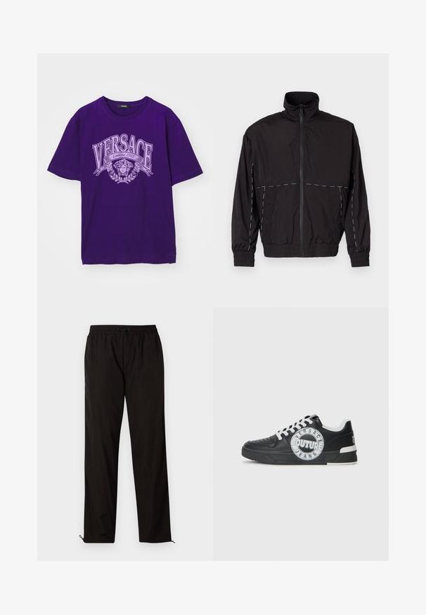 Juodas lengvas švarkas su aukštu apykakle ir užtrauktuku. Savybėje yra balti siuvinėjimo akcentai ant pečių ir rankovių. Elastingi rankogaliai.; Violet trumpas rankovėmis marškinėliai su dideliu užrašu "VERSACE Established 1978" ir šviesiai violetiniu Medūzos galvos logotipu priekyje.; Juodos lengvos kelnės su elastingu juosmeniu, raišteliu ir užtrauktukais apačioje, kad būtų galima pritaikyti dydį. Lygus, glotnus paviršius.; Juodo odinio sportinio avalynė su baltais akcentais, apvaliu logotipo detalizavimu, perforuota priekiu ir kontrastingu padu. Savybės: balti raišteliai ir prekės ženklas.