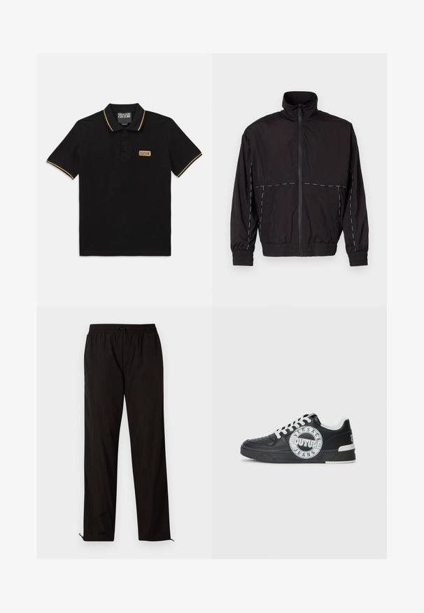 Černá lehká bunda s vysokým límcem a zipovým zapínáním. Má bílé prošívání na ramenou a rukávech. Elastické manžety.; Černé polo tričko vyrobené z bavlny s tříknoflíkovým zapínáním, žlutým lemem na límci a rukávech, s označením značky na hrudi.; Černé lehké kalhoty s elastickým pasem, stahovací šňůrkou a zipovými nohavicemi pro nastavitelný střih. Hladká, elegantní textura.; Černé kožené tenisky s bílými akcenty, kulatými detaily loga, perforovanou špičkou a kontrastní podešví. Obsahují bílé tkaničky a branding.
