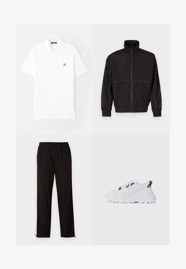 Čierna ľahká bunda s vysokým golierom a zipsom. Má biele švy na pleciach a rukávoch. Elastické manžety.; Biela polokošeľa vyrobená z bavlny s klasickým golierom, trojitém gombíkovom zapínaní a malým zlatým logom na ľavej hrudi.; Čierne ľahké nohavice s elastickým pásom, sťahovacím pásom a zipsami na spodnej časti, ktoré umožňujú prispôsobiť veľkosť. Hladká, lesklá textura.; Biele športové tenisky s vrchnou časťou z mrežoviny, hrubou podrážkou a čiernymi akcentmi s potlačeným logom. Textúrovaný a štruktúrovaný dizajn.