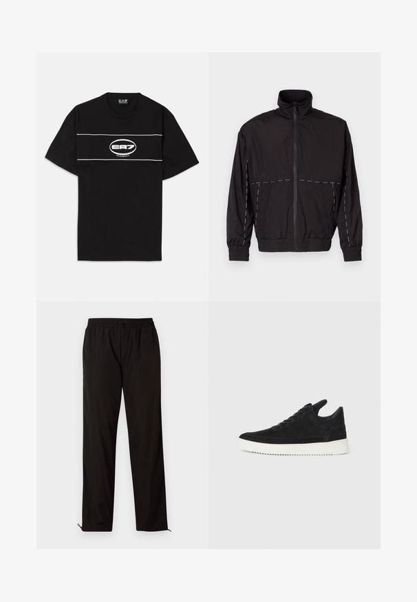 Juodas lengvas švarkas su aukštu apykakle ir užtrauktuku. Savybėje yra balti siuvinėjimo akcentai ant pečių ir rankovių. Elastingi rankogaliai.; Juodas medvilninis marškinėliai su baltais horizontaliais dryžiais ir ovaliu EA7 logotipu priekyje. Trumpomis rankovėmis ir apvaliu kaklu.; Juodos lengvos kelnės su elastingu juosmeniu, raišteliu ir užtrauktukais apačioje, kad būtų galima pritaikyti dydį. Lygus, glotnus paviršius.; Juodų suede sportbačių su balta gumine padu, su toniniais siuvinėjimais ir raištelių užsegimu. Sklandus paviršius su šiuolaikine, laiko forma.