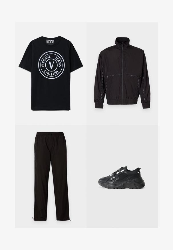 Črna lahka jakna z visokim ovratnikom in zadrgo. Ima bele šive na ramenih in rokavih. Elastični manšeti.; Črna bombažna majica s kratkimi rokavi, ki ima velik okrogel bel logotip z napisom „VERSACE JEANS COUTURE“ in osrednjim oblikovanjem 'V'.; Črne lahke hlače z elastičnim pasom, zapiranjem na vrvico in zadrgo na robovih za prilagodljivost. Gladka, sijoča tekstura.; Črne atletske superge z teksturiranim mrežastim panelom, debelim gumijastim podplatom, kontrastnimi poudarki in vezalnim zapiranjem. Imajo zanko na hrbtni strani.
