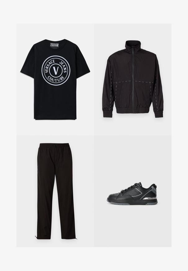 Chaqueta ligera negra con cuello alto y cierre de cremallera. Presenta detalles de costura blanca en los hombros y las mangas. Puños elásticos.; Camiseta de algodón negra de mangas cortas, con un gran logo redondo blanco que incluye el texto "VERSACE JEANS COUTURE" y un diseño central de 'V'.; Pantalones ligeros negros con cintura elástica, cierre de cordón y bajos con cremallera para un ajuste ajustable. Textura suave y elegante.; Zapatilla de cuero negro con detalles texturizados, acentos plateados, puntera redondeada y una suela intermedia con un patrón y un logo. Diseño con cordones.