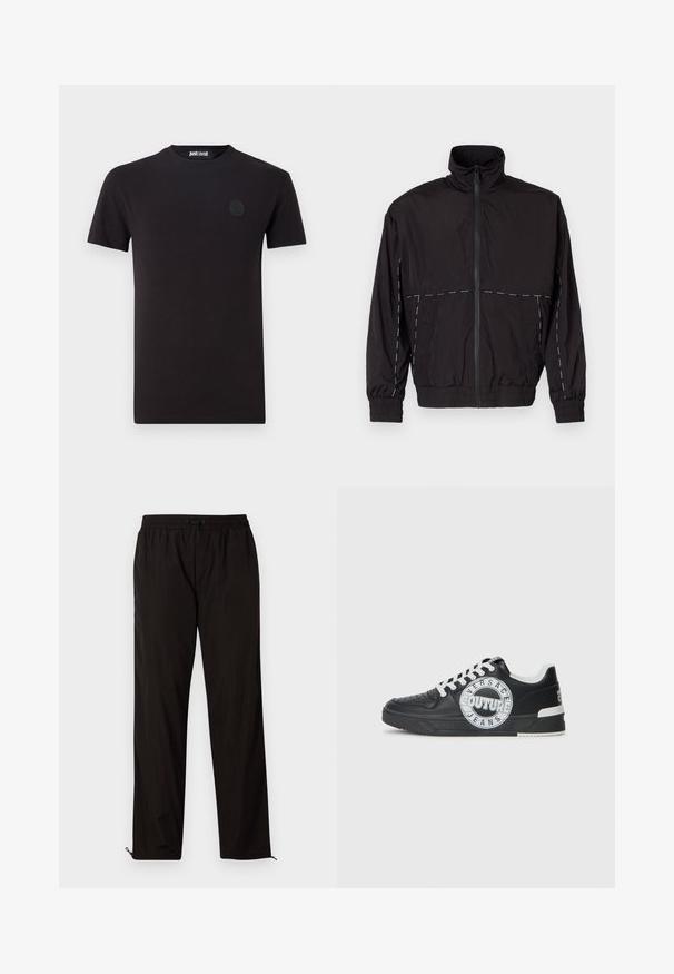 Črna lahka jakna z visokim ovratnikom in zadrgo. Ima bele šive na ramenih in rokavih. Elastični manšeti.; Črna bombažna majica s krožnim ovratnikom in kratkimi rokavi. Ima majhen, okrogel logo na levem prsnem delu.; Črne lahke hlače z elastičnim pasom, zapiranjem na vrvico in zadrgo na robovih za prilagodljivost. Gladka, sijoča tekstura.; Črne usnjene superge z belimi detajli, okroglo logotipno okrasitev, perforiran prst in kontrastno podplat. Imajo bele vezalke in blagovno znamko.