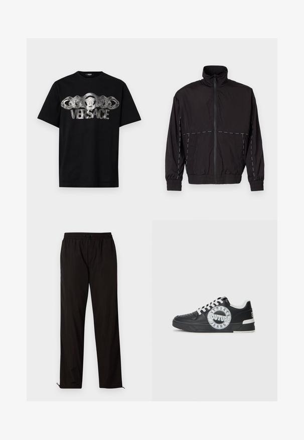 Black lightweight jacket with a high collar and zip closure. Features white stitching accents on the shoulders and sleeves. Elastic cuffs.; Black cotton t-shirt featuring a silver Versace logo with a lion medallion and chain design across the front. Classic crew neck style.; Black lightweight trousers with an elastic waistband, drawstring closure, and zippered hems for adjustable fit. Smooth, sleek texture.; Black leather sneakers with white accents, round logo detailing, perforated toe, and contrasting sole. Features white laces and branding.