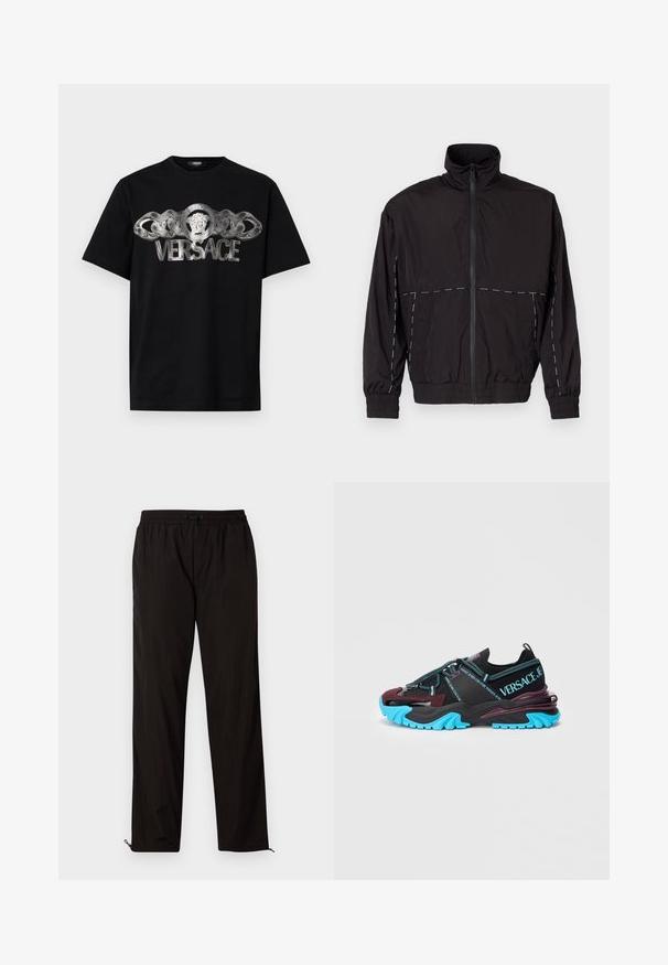 Crna lagana jakna s visokim ovratnikom i zatvaranjem na zip. Ima bijele šavove na ramenima i rukavima. Elastični manžeti.; Crna pamučna majica s srebrnim Versace logom i dizajnom medaljona s lavom i lancem na prednjoj strani. Klasičan kroj s okruglim izrezom.; Crne lagane hlače s elastičnim pojasom, zatvaranjem na vezicu i patentnim zatvaračima na rubovima za podesiv fit. Glatka, elegantna tekstura.; Crne i burgundske tenisice s teksturiranim gornjim dijelom, kontrastnom tirkiznom potplatom i neonskim detaljima. Imaju vezanje na vezice i brendiranje.