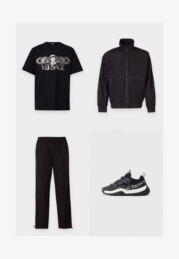 Melna viegla jaka ar augstu apkakli un rāvējslēdzēju. Iezīmējas ar baltām šuvēm uz pleciem un piedurknēm. Elastīgas piedurknes.; Melnas kokvilnas Т-krekls ar sudraba Versace logotipu, kas rotāts ar lauva medaļu un ķēdes dizainu priekšpusē. Klasicisks apaļais kakls.; Melni viegli bikses ar elastīgu jostu, aukliņu aizdari un rāvējslēdzēju apakšmalā regulējamai fitē. Gluda, eleganta tekstūra.; Melna un balta masīvā sneka ar teksturētu zoli, rakstainām šņorēm un "Versace Jeans Couture" zīmola nosaukumu sānu siksnā.