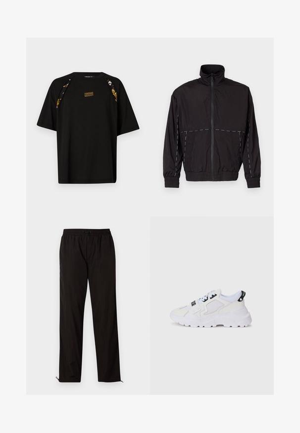 Casaco leve preto com gola alta e fecho de correr. Apresenta detalhes em costura branca nos ombros e mangas. Punhos elásticos.; Versace Jeans Couture T-shirt estampada - black; Calças leves pretas com cintura elástica, fecho por cordão ajustável e bainhas com fecho de correr para ajuste. Textura suave e elegante.; Ténis desportivos brancos com parte superior em rede, sola grossa e detalhes pretos com marca impressa. Design texturizado e estruturado.