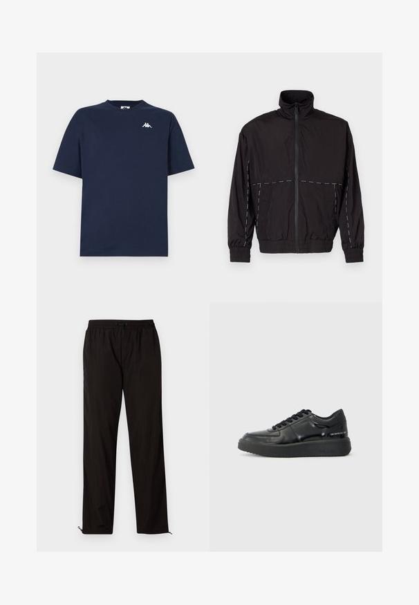 Μαύρο ελαφρύ μπουφάν με ψηλό γιακά και κλείσιμο με φερμουάρ. Διαθέτει λευκές ραφές στις ώμους και τα μανίκια. Ελαστικές μανσέτες.; Μπλέ κοντομάνικο μπλουζάκι με στρογγυλή λαιμόκοψη και λευκό μικρό λογότυπο με δύο καθιστές φιγούρες πλάτη με πλάτη στο επάνω αριστερό μέρος του στήθους.; Μαύρο ελαφρύ παντελόνι με ελαστική μέση, κλείσιμο με σκοινάκι και φερμουάρ στο κάτω μέρος για ρυθμιζόμενη εφαρμογή. Λείος και κομψός υφή.; Μαύρα δερμάτινα αθλητικά παπούτσια με λείο φινίρισμα, στρογγυλή μύτη και μαύρη λάστιχη σόλα σε αντίθεση. Διαθέτουν επίπεδες κορδόνες και σήμα στην πλευρά.