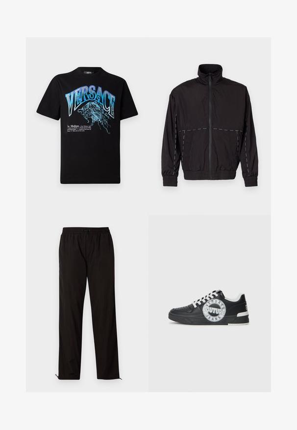 Black lightweight jacket with a high collar and zip closure. Features white stitching accents on the shoulders and sleeves. Elastic cuffs.; Black T-shirt featuring a blue and metallic graphic of Medusa and the text "VERSACE" in bold letters. Short sleeves and a relaxed fit.; Black lightweight trousers with an elastic waistband, drawstring closure, and zippered hems for adjustable fit. Smooth, sleek texture.; Black leather sneakers with white accents, round logo detailing, perforated toe, and contrasting sole. Features white laces and branding.