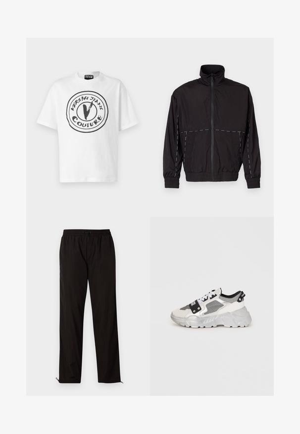 Μαύρο ελαφρύ μπουφάν με ψηλό γιακά και κλείσιμο με φερμουάρ. Διαθέτει λευκές ραφές στις ώμους και τα μανίκια. Ελαστικές μανσέτες.; Versace Jeans Couture Μπλουζάκι με στάμπα - white; Μαύρο ελαφρύ παντελόνι με ελαστική μέση, κλείσιμο με σκοινάκι και φερμουάρ στο κάτω μέρος για ρυθμιζόμενη εφαρμογή. Λείος και κομψός υφή.; Χοντρές αθλητικές παπούτσια με λευκό και ασημί σχέδιο. Περιλαμβάνουν πλέγματα, μαύρες λεπτομέρειες και λευκές κορδόνες. Υφή σε σόλα με ανάγλυφο μοτίβο.