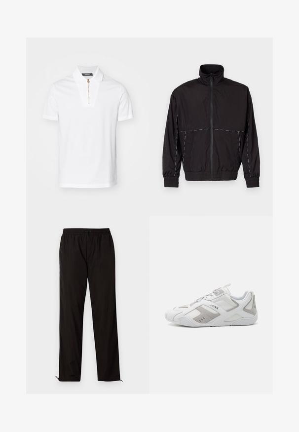Fekete, könnyű dzseki magas gallérral és cipzáras záróval. Fehér varrási díszítésekkel a vállakon és az ujjakon. Rugalmas mandzsetták.; Fehér poloing pamutból, cipzáras záródással és egyedi gallértervezéssel. Nincsenek látható minták vagy díszítések.; Fekete, könnyű nadrág, elasztikus derékkal, húzózsinórral és cipzáros szegélyekkel, amelyek lehetővé teszik az állítható illeszkedést. Simaság és elegáns textúra.; Fehér sportcipők szürke velúr részletekkel, texturált gumitalppal, hálós panelekkel és fűzőrendszerrel. Az oldalukon márkajelzés található.