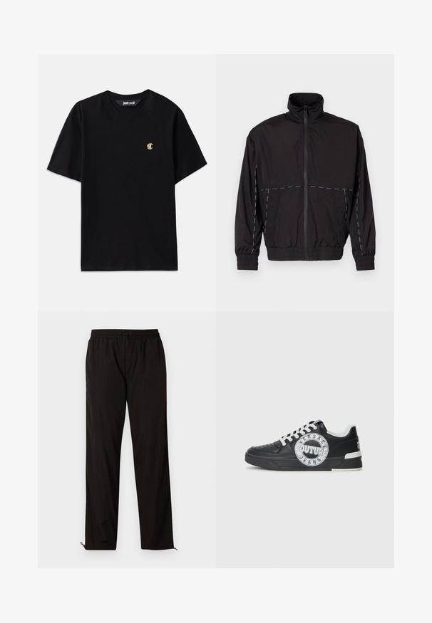 Casaco leve preto com gola alta e fecho de correr. Apresenta detalhes em costura branca nos ombros e mangas. Punhos elásticos.; T-shirt de algodão preta com mangas curtas, decote redondo e um pequeno logo dourado "C" no peito. Design simples, textura suave, corte regular.; Calças leves pretas com cintura elástica, fecho por cordão ajustável e bainhas com fecho de correr para ajuste. Textura suave e elegante.; Tenis de couro preto com detalhes em branco, logótipo redondo, ponta perfurada e sola de contraste. Apresenta atacadores brancos e marca.