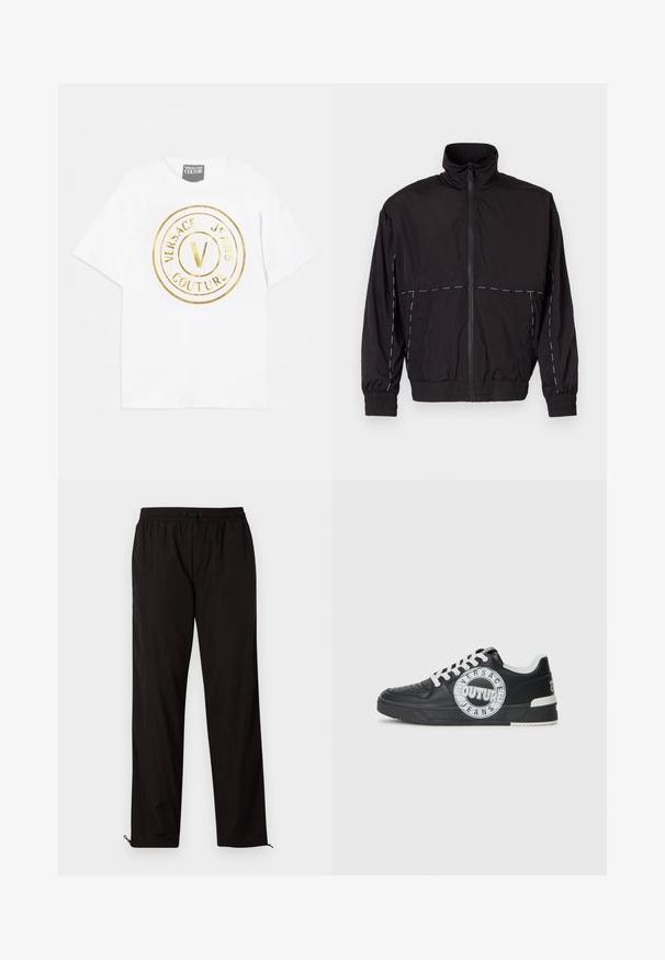 Casaco leve preto com gola alta e fecho de correr. Apresenta detalhes em costura branca nos ombros e mangas. Punhos elásticos.; T-shirt branca de algodão com um grande logótipo circular dourado com "VERSACE JEANS COUTURE" e um design central de "V". Mangas curtas, colarinho redondo.; Calças leves pretas com cintura elástica, fecho por cordão ajustável e bainhas com fecho de correr para ajuste. Textura suave e elegante.; Tenis de couro preto com detalhes em branco, logótipo redondo, ponta perfurada e sola de contraste. Apresenta atacadores brancos e marca.