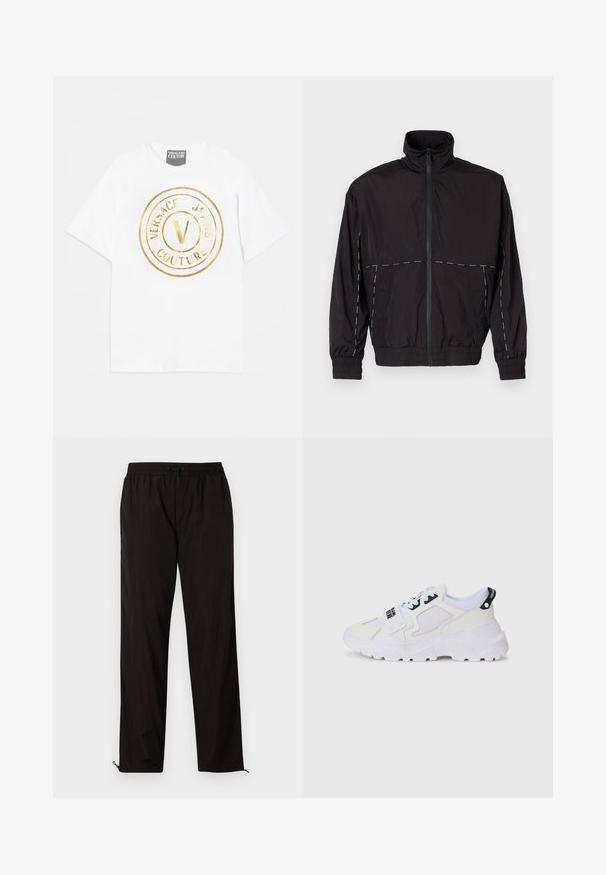 Černá lehká bunda s vysokým límcem a zipovým zapínáním. Má bílé prošívání na ramenou a rukávech. Elastické manžety.; Bílý bavlněný tričko s velkým zlatým kruhovým logem s nápisem "VERSACE JEANS COUTURE" a centrálním designem "V". Krátké rukávy, kulatý výstřih.; Černé lehké kalhoty s elastickým pasem, stahovací šňůrkou a zipovými nohavicemi pro nastavitelný střih. Hladká, elegantní textura.; Bílé atletické tenisky s síťovaným svrškem, silnou podrážkou a černými akcenty s potištěným logem. Strukturální a texturovaný design.