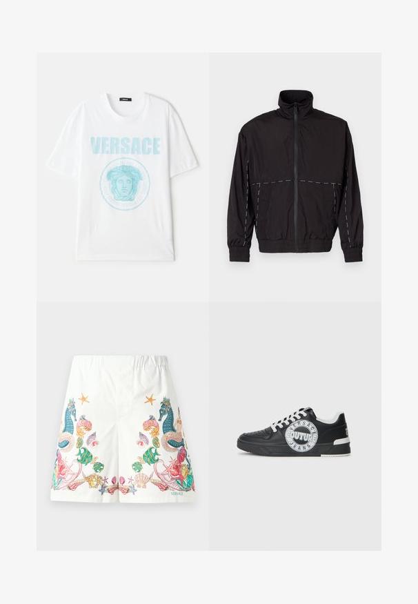 Chaqueta ligera negra con cuello alto y cierre de cremallera. Presenta detalles de costura blanca en los hombros y las mangas. Puños elásticos.; Camiseta de algodón blanca con cuello redondo, que presenta un gráfico turquesa de Medusa y el texto "VERSACE" en un lugar destacado.; Pantalones cortos blancos de tela con gráficos coloridos de temática oceánica, incluyendo caballitos de mar, conchas y estrellas de mar, con una cintura ajustable con cordón.; Zapatillas de cuero negro con acentos blancos, detalles de logo redondo, puntera perforada y suela en contraste. Presentan cordones blancos y una marca.