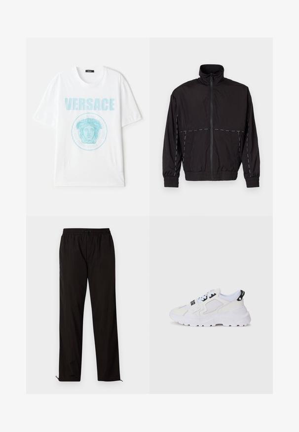Mustat kevyet takit, joissa on korkea kaulus ja vetoketjusuljin. Rinnassa ja hihoissa valkoiset ompeluviivat. Joustavat hihansuut.; Valkoinen puuvillainen T-paita, jossa on pyöreä pääntie, ja jonka etuosassa on turkoosi Medusan graafinen kuva sekä selvästi näkyvä "VERSACE"-teksti.; Mustat kevyet housut, joissa on joustava vyötärö, kiristysnauha ja vetoketjulliset lahkeet säädettävään istuvuuteen. Sujuva, sleek-tuntu.; Valkoiset urheilukengät, joissa on verkkokuvioinen päällinen, paksu pohja ja mustia yksityiskohtia, joissa on painettu brändäys. Rakenteellinen ja teksturoitu muotoilu.