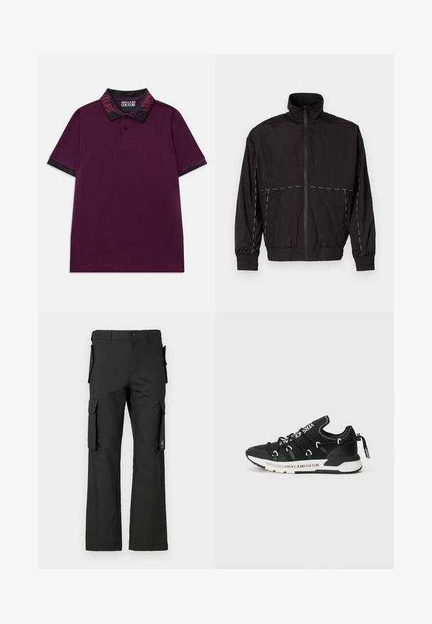 Melna viegla jaka ar augstu apkakli un rāvējslēdzēju. Iezīmējas ar baltām šuvēm uz pleciem un piedurknēm. Elastīgas piedurknes.; Violets īsām piedurknēm polo krekls ar melnu apkakli un piedurknēm, uz kura ir sarkans teksts "Versace Jeans Couture" un divas priekšējās pogas.; Melni cargo bikses ar taisnu kāju dizainu, aprīkotas ar vairākām sānu kabatām un pogu aizdari. Izgatavotas no izturīga auduma, ar gludu tekstūru.; Melni sporta apavi ar teksturētu virsmu, ar baltām auklām un zīmola logotipu. Bieza zole ar kontrasta akcentiem un cilpu pie papēža.