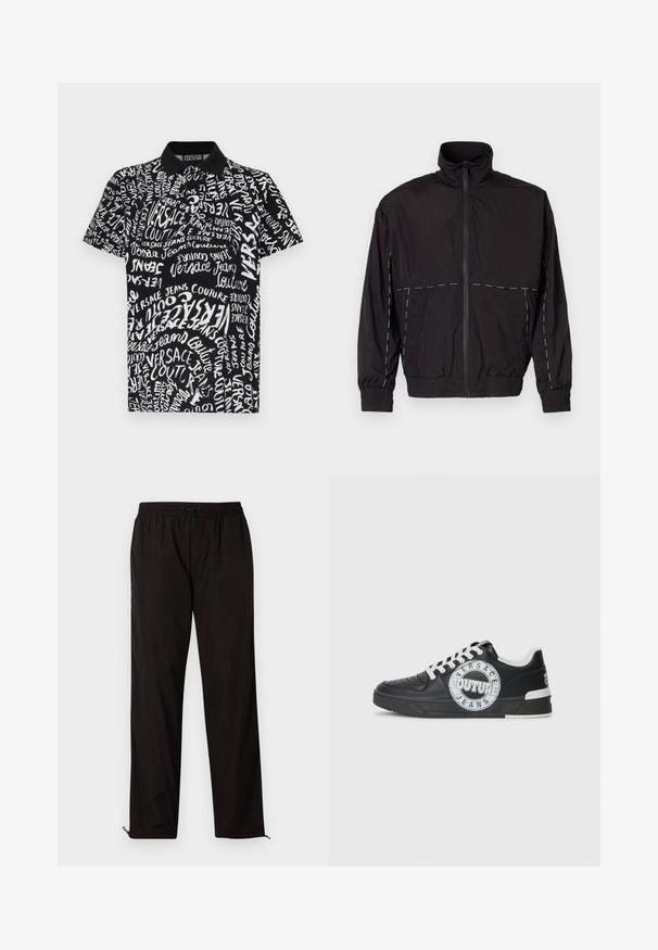 Casaco leve preto com gola alta e fecho de correr. Apresenta detalhes em costura branca nos ombros e mangas. Punhos elásticos.; Camisola polo preta com padrões de texto brancos, apresentando "Versace Jeans Couture" em vários estilos. Gola clássica e mangas curtas.; Calças leves pretas com cintura elástica, fecho por cordão ajustável e bainhas com fecho de correr para ajuste. Textura suave e elegante.; Tenis de couro preto com detalhes em branco, logótipo redondo, ponta perfurada e sola de contraste. Apresenta atacadores brancos e marca.