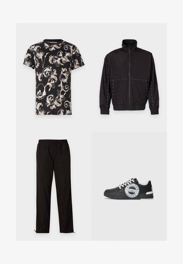 Casaco leve preto com gola alta e fecho de correr. Apresenta detalhes em costura branca nos ombros e mangas. Punhos elásticos.; Camisa preta de manga curta com um padrão floral em tons de dourado e bege, apresentando o texto "Versace Jeans" integrado no design.; Calças leves pretas com cintura elástica, fecho por cordão ajustável e bainhas com fecho de correr para ajuste. Textura suave e elegante.; Tenis de couro preto com detalhes em branco, logótipo redondo, ponta perfurada e sola de contraste. Apresenta atacadores brancos e marca.