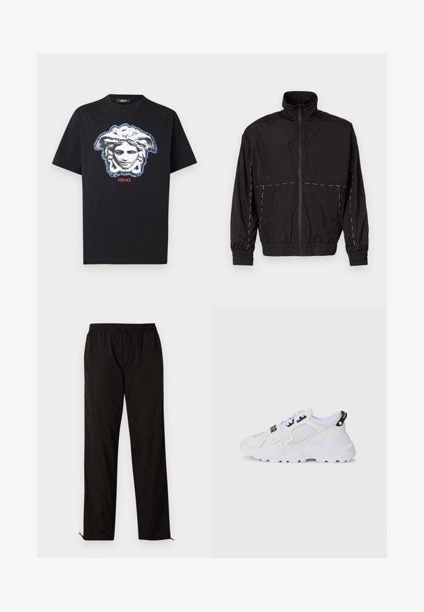 Crna lagana jakna s visokim ovratnikom i zatvaranjem na zip. Ima bijele šavove na ramenima i rukavima. Elastični manžeti.; Crna pamučna majica s upečatljivom grafikom Meduzine glave u sivoj i plavoj boji s grčkim ključnim uzorkom te natpisom "VERSACE" u crvenoj boji.; Crne lagane hlače s elastičnim pojasom, zatvaranjem na vezicu i patentnim zatvaračima na rubovima za podesiv fit. Glatka, elegantna tekstura.; Bijele atletske tenisice s gornjim dijelom od mrežastog materijala, debelim potplatom i crnim detaljima s otisnutim brendiranjem. Teksturirani i strukturirani dizajn.