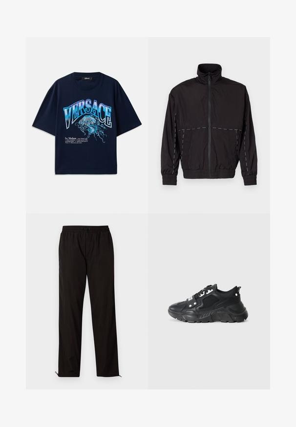 Must musta kerge jakk kõrge kaelusega ja tõmblukuga. Omab valgeid õmblusaktsente õlgadel ja varrukatel. Elastsed mansetid.; Tumed puuvillane T-särk lühikeste varrukatega, millel on Medusa graafika ja sinine valge tekst. Ümar kaelus, mugav lõige.; Mustad mustriga püksid elastse vöökoha, nööridega sulgemise ja reguleeritavate sääreotstega, millel on lukud. Sile ja läikiv tekstuur.; Musthave sportlik spordijalats musta värvi, millel on tekstuuriga võrkpaneel, paks kummitald, kontrastsed aktsendid ja lipsudega sulgemine. Omab taga tõmbeauku.