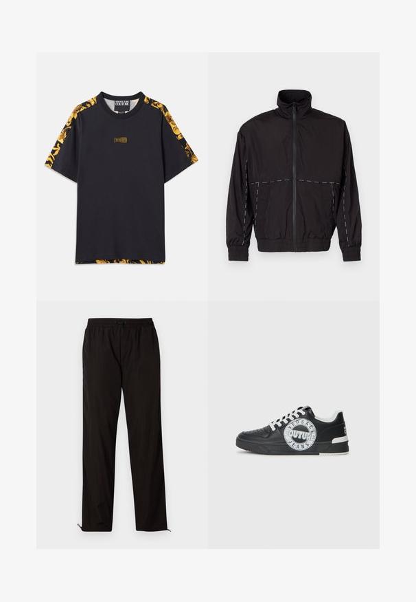 Juodas lengvas švarkas su aukštu apykakle ir užtrauktuku. Savybėje yra balti siuvinėjimo akcentai ant pečių ir rankovių. Elastingi rankogaliai.; Juodas medvilnės marškinėliai su auksinėmis raštuotomis detalėmis ant rankovių, stačiakampiu logotipo prikaltu ant krūtinės, ir laisvu siluetu.; Juodos lengvos kelnės su elastingu juosmeniu, raišteliu ir užtrauktukais apačioje, kad būtų galima pritaikyti dydį. Lygus, glotnus paviršius.; Juodo odinio sportinio avalynė su baltais akcentais, apvaliu logotipo detalizavimu, perforuota priekiu ir kontrastingu padu. Savybės: balti raišteliai ir prekės ženklas.