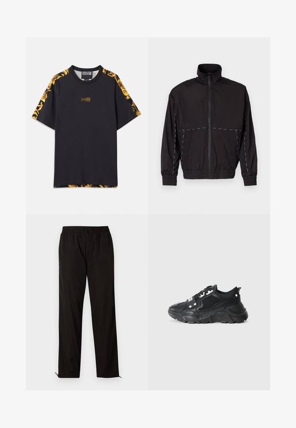 Črna lahka jakna z visokim ovratnikom in zadrgo. Ima bele šive na ramenih in rokavih. Elastični manšeti.; Črna bombažna majica s zlatimi vzorčenimi poudarki na rokavih, pravokotno logotipno nalepko na prsih in sproščenim krojem.; Črne lahke hlače z elastičnim pasom, zapiranjem na vrvico in zadrgo na robovih za prilagodljivost. Gladka, sijoča tekstura.; Črne atletske superge z teksturiranim mrežastim panelom, debelim gumijastim podplatom, kontrastnimi poudarki in vezalnim zapiranjem. Imajo zanko na hrbtni strani.